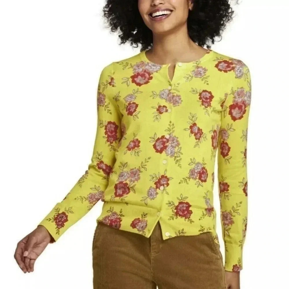 Lands’ End | Yellow Floral Button Down Cardigan Supima Cotton Size XS